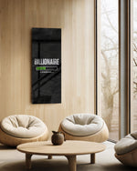 Motivational typography panel with a bold distressed word above a green segmented progress bar on a black textured ground. panoramic glass wall art C