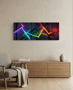 Abstract panel with a single glowing rainbow-gradient neon line zigzagging across a dark rocky texture. panoramic glass wall art A
