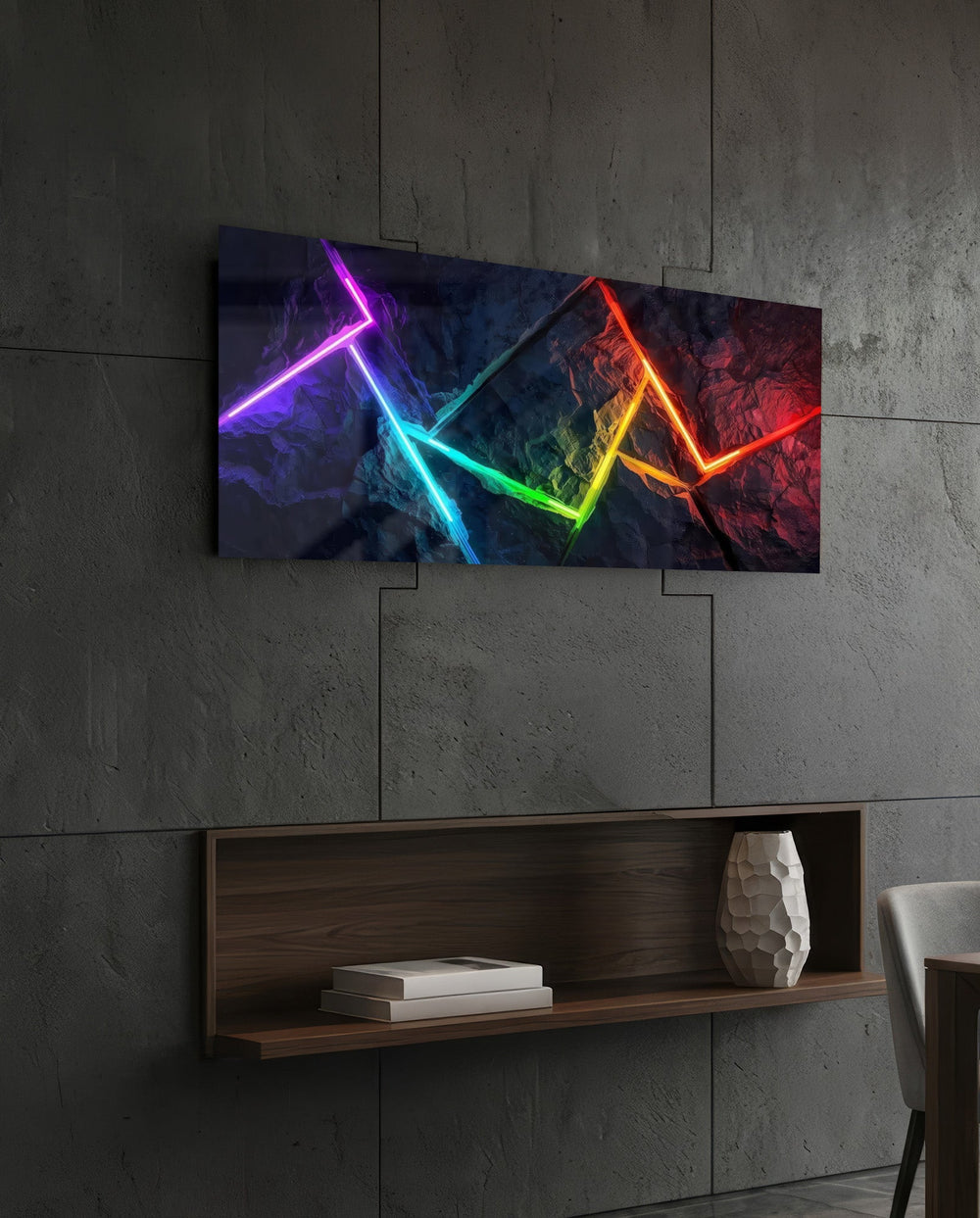 Rainbow Neon Zigzag Abstract Glass Wall Art (36"x14")