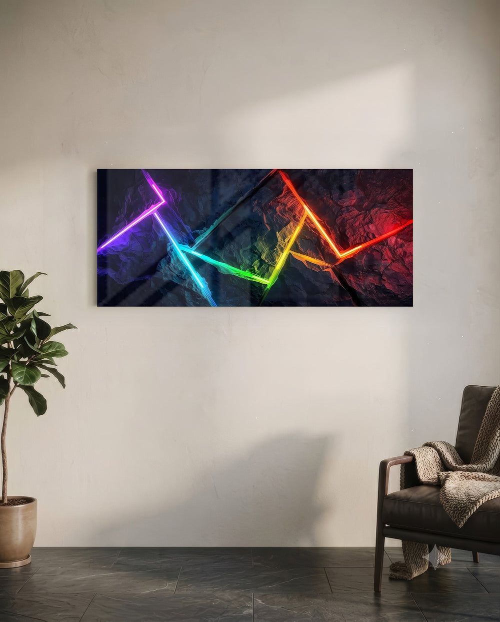 Abstract panel with a single glowing rainbow-gradient neon line zigzagging across a dark rocky texture. panoramic glass wall art C