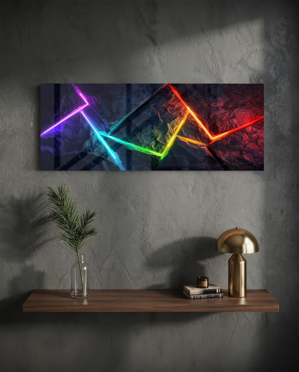 Abstract panel with a single glowing rainbow-gradient neon line zigzagging across a dark rocky texture. panoramic glass wall art D