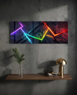 Abstract panel with a single glowing rainbow-gradient neon line zigzagging across a dark rocky texture. panoramic glass wall art D