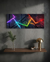Abstract panel with a single glowing rainbow-gradient neon line zigzagging across a dark rocky texture. panoramic glass wall art D