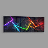 Abstract panel with a single glowing rainbow-gradient neon line zigzagging across a dark rocky texture. panoramic glass wall art E