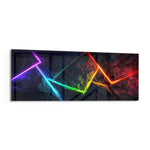 Abstract panel with a single glowing rainbow-gradient neon line zigzagging across a dark rocky texture. panoramic glass wall art F
