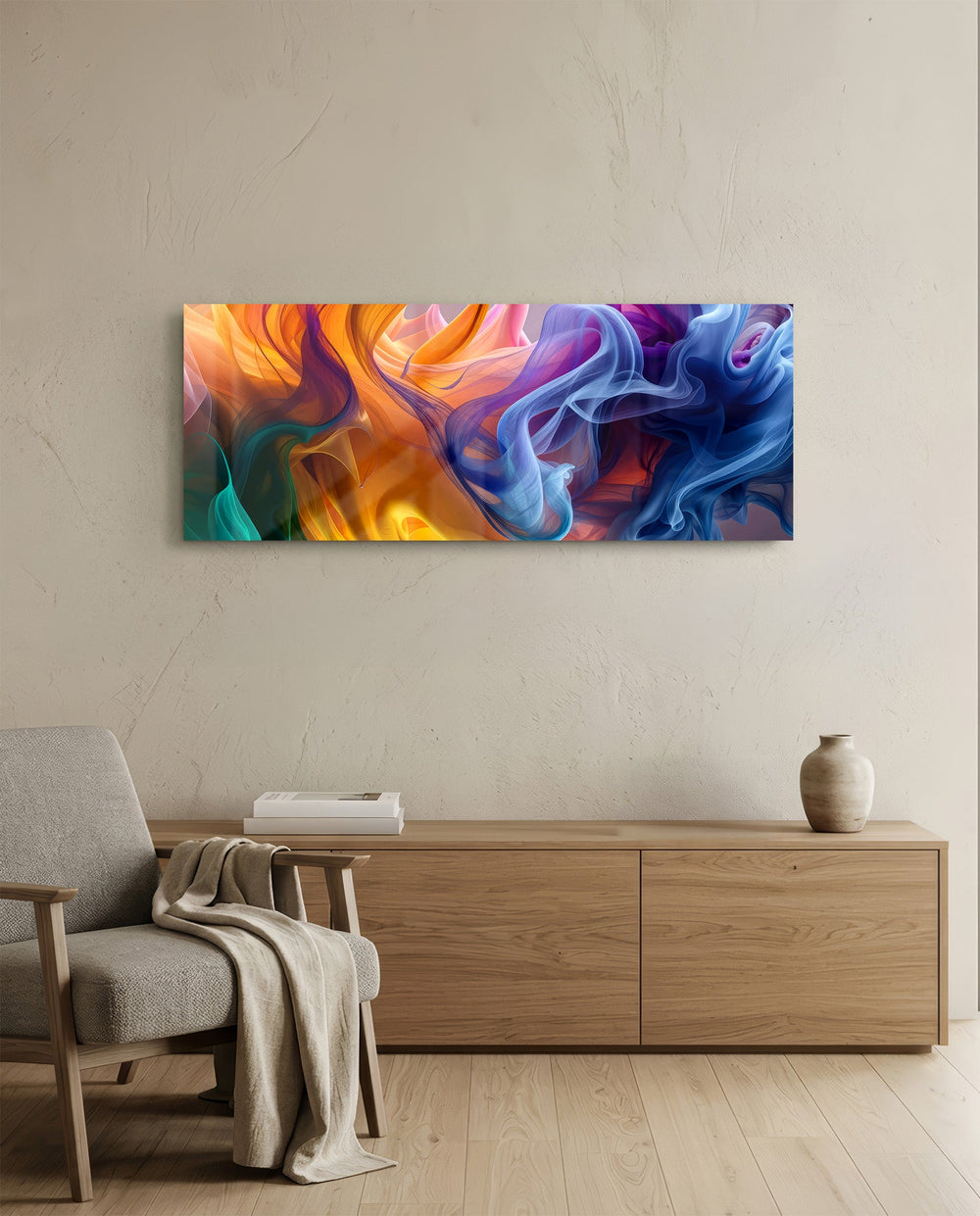 Abstract panel of flowing silky smoke ribbons blending warm orange into cool blue and purple. panoramic glass wall art A