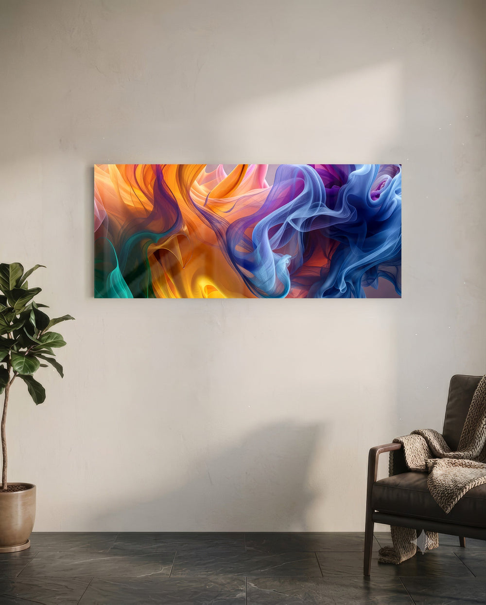 Abstract panel of flowing silky smoke ribbons blending warm orange into cool blue and purple. panoramic glass wall art C