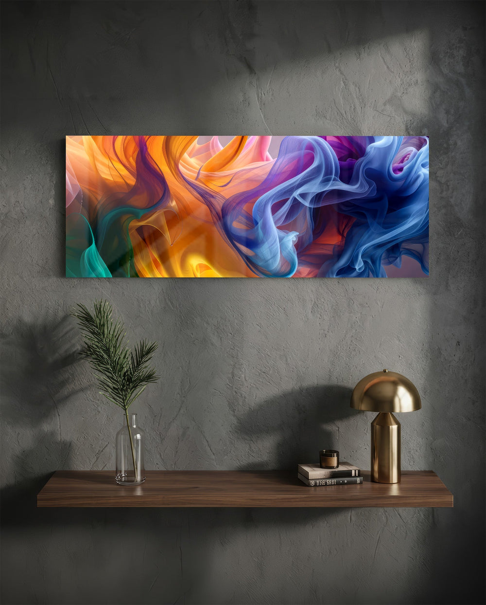 Abstract panel of flowing silky smoke ribbons blending warm orange into cool blue and purple. panoramic glass wall art D