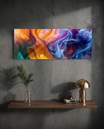 Abstract panel of flowing silky smoke ribbons blending warm orange into cool blue and purple. panoramic glass wall art D