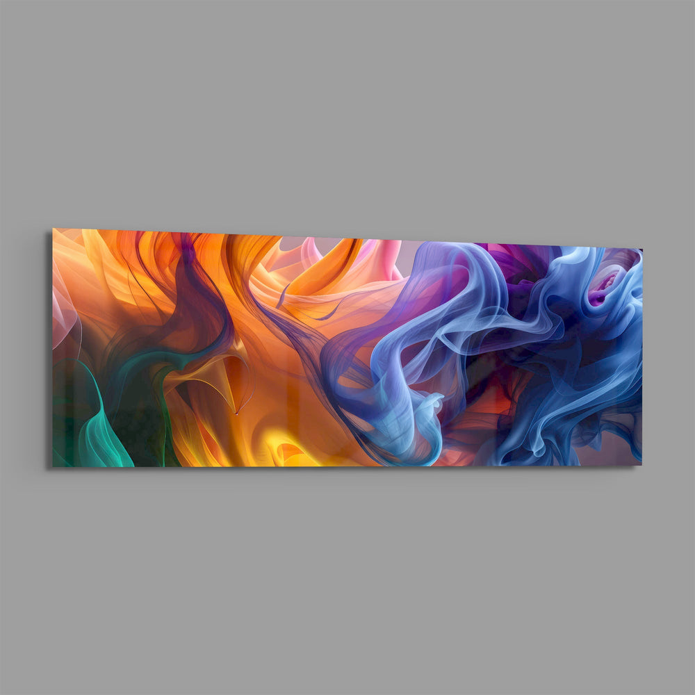 Abstract panel of flowing silky smoke ribbons blending warm orange into cool blue and purple. panoramic glass wall art E