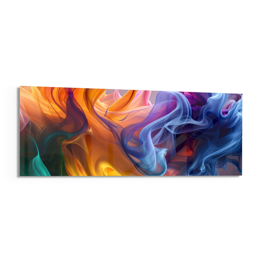 Abstract panel of flowing silky smoke ribbons blending warm orange into cool blue and purple. panoramic glass wall art F