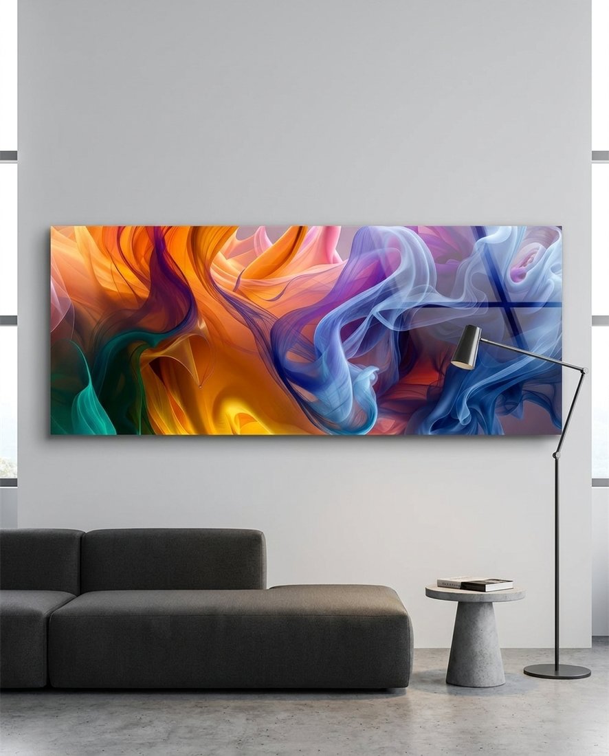 Colorful Smoke Swirl Abstract Glass Wall Art (36"x14")