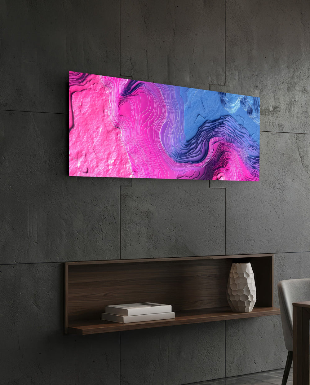 Pink Blue Fluid Contour Abstract Glass Wall Art (36"x14")