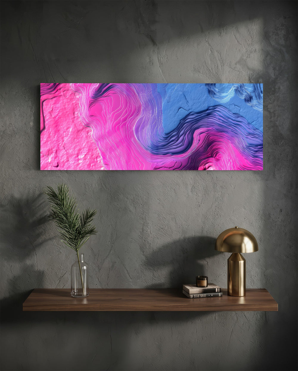Abstract panel of swirling neon pink and blue fluid forms layered with fine topographic contour lines. panoramic glass wall art D