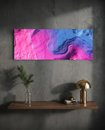 Abstract panel of swirling neon pink and blue fluid forms layered with fine topographic contour lines. panoramic glass wall art D