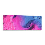 Abstract panel of swirling neon pink and blue fluid forms layered with fine topographic contour lines. panoramic glass wall art F