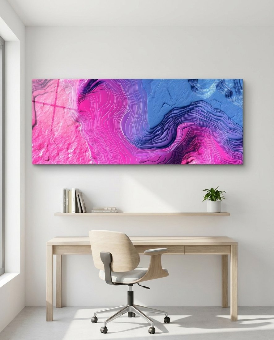 Pink Blue Fluid Contour Abstract Glass Wall Art (36"x14")