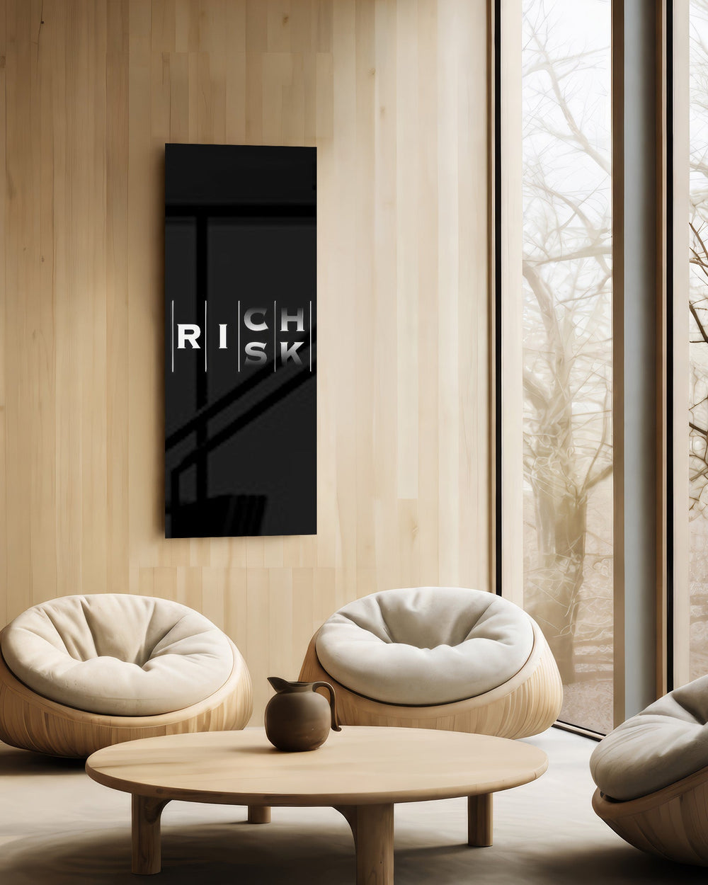 Minimalist black typography panel where the words "RISK" and "RICH" interlock in a single vertical column of white letters. panoramic glass wall art C