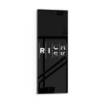 Minimalist black typography panel where the words "RISK" and "RICH" interlock in a single vertical column of white letters. panoramic glass wall art D