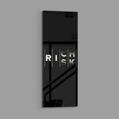 Minimalist black typography panel where the words "RISK" and "RICH" interlock in a single vertical column of white letters. panoramic glass wall art E