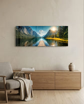 Panoramic alpine landscape of a mirror-calm lake with a wooden dock leading toward sunlit mountains and pine forest. panoramic glass wall art A