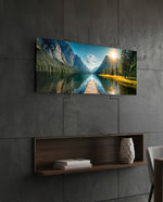 Mountain Lake Wooden Dock Sunburst Glass Wall Art (36"x14")