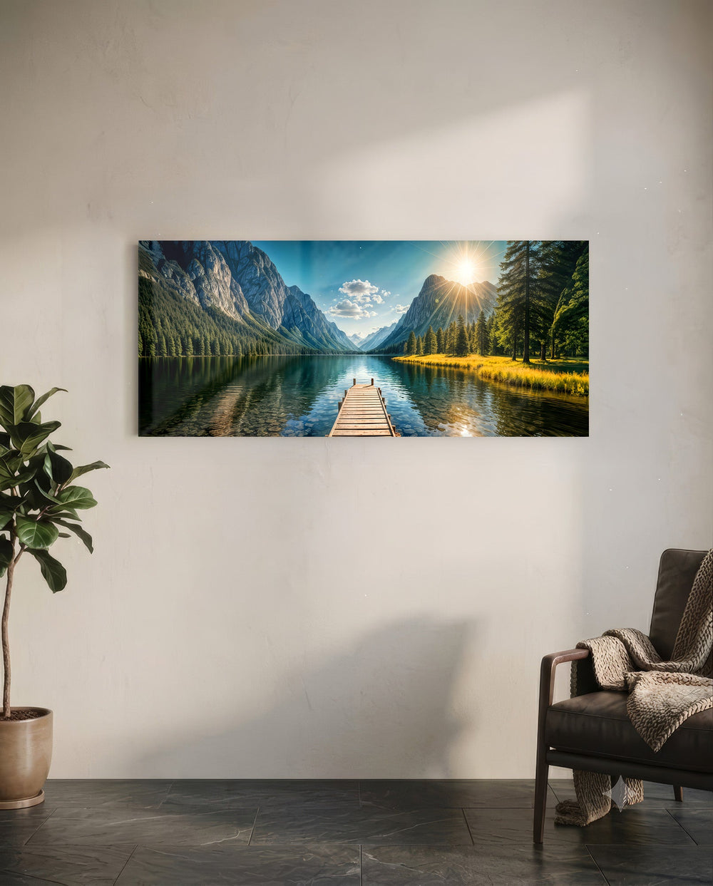 Panoramic alpine landscape of a mirror-calm lake with a wooden dock leading toward sunlit mountains and pine forest. panoramic glass wall art C