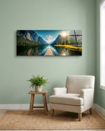 Mountain Lake Wooden Dock Sunburst Glass Wall Art (36"x14")