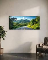 Panoramic view of an empty asphalt road curving through lush green tropical mountains under a bright blue sky. panoramic glass wall art C