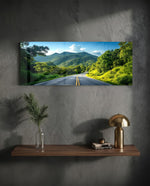 Panoramic view of an empty asphalt road curving through lush green tropical mountains under a bright blue sky. panoramic glass wall art D