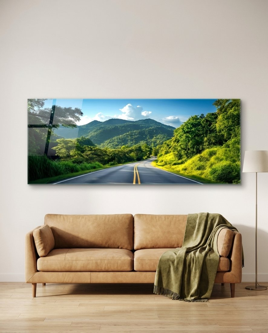 Winding Road Green Mountain Valley Glass Wall Art (36"x14")