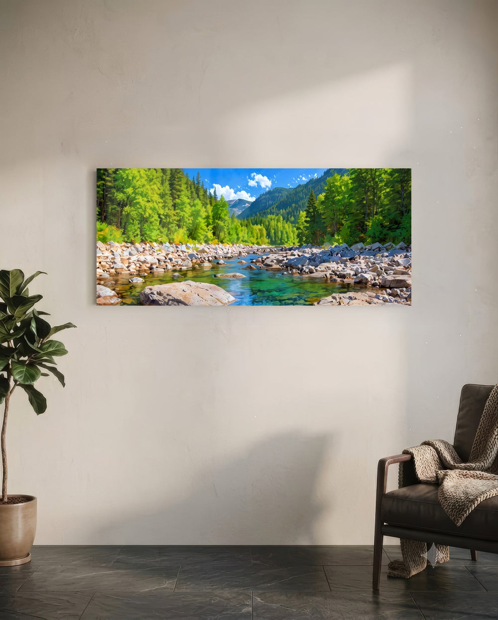 Illustrative panoramic landscape of a clear rocky river running through a bright green pine forest below mountains. panoramic glass wall art C