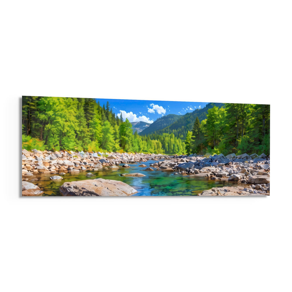 Illustrative panoramic landscape of a clear rocky river running through a bright green pine forest below mountains. panoramic glass wall art F