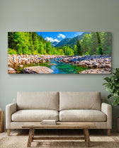 Rocky River Green Forest Landscape Glass Wall Art (36"x14")