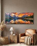 Golden Sunset Mountain Lake Glass Wall Art (36"x14")