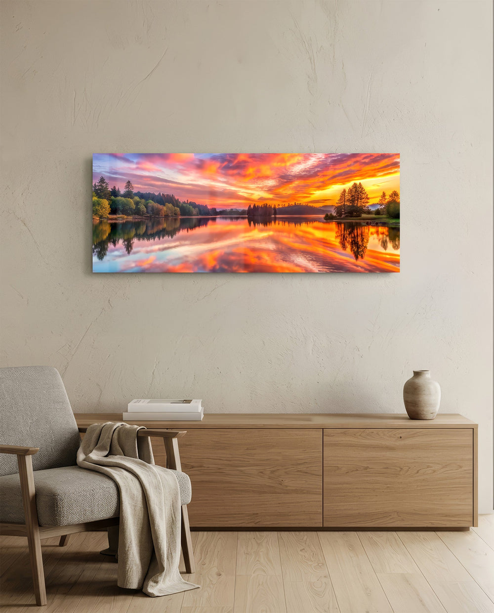 A blazing pink and orange sunset sky mirrored on a perfectly still forest lake. panoramic glass wall art A