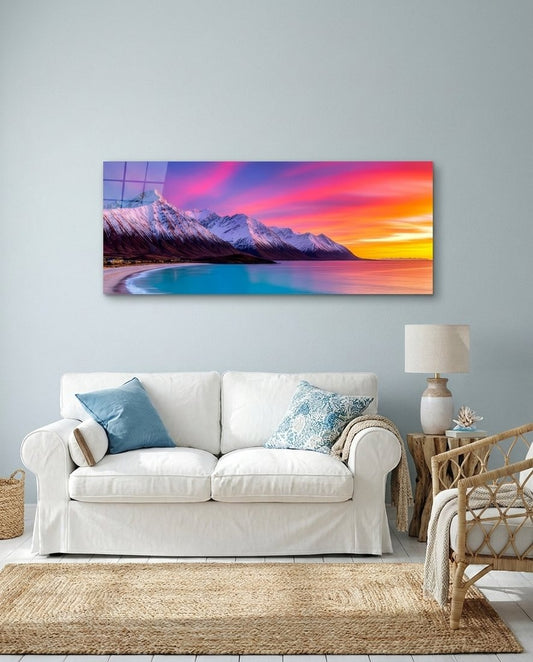 Twilight Snowy Mountains Coast Glass Wall Art (36"x14")