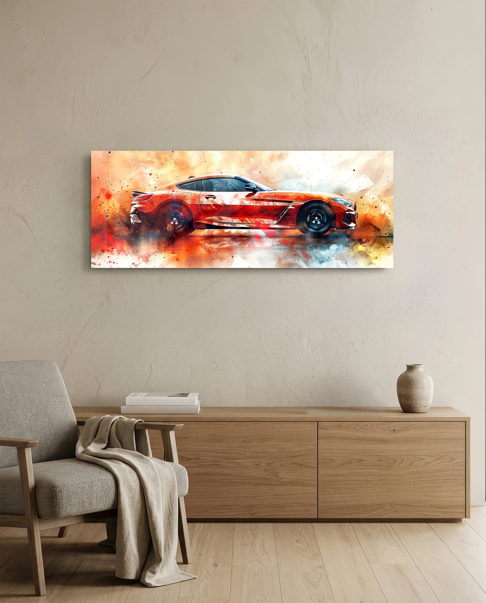 A sleek red sports coupe bursting from an explosive splash of orange, red and smoke. panoramic glass wall art A