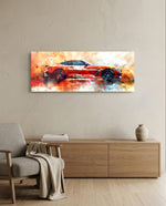 A sleek red sports coupe bursting from an explosive splash of orange, red and smoke. panoramic glass wall art A