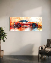 A sleek red sports coupe bursting from an explosive splash of orange, red and smoke. panoramic glass wall art C