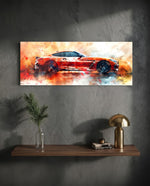 A sleek red sports coupe bursting from an explosive splash of orange, red and smoke. panoramic glass wall art D