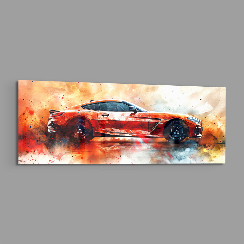A sleek red sports coupe bursting from an explosive splash of orange, red and smoke. panoramic glass wall art E