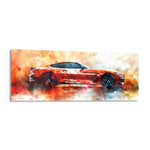 A sleek red sports coupe bursting from an explosive splash of orange, red and smoke. panoramic glass wall art F