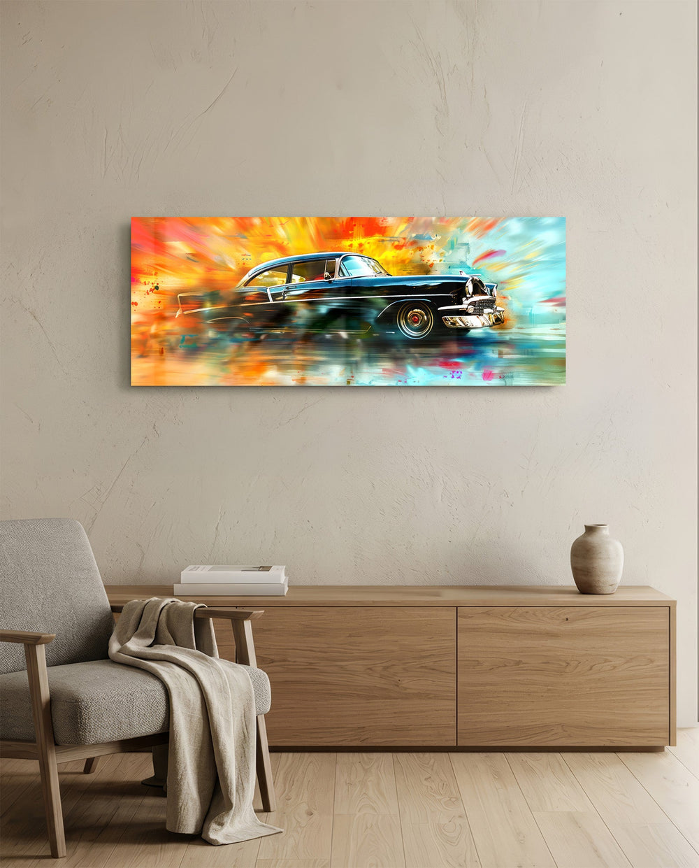 A glossy black 1950s-style classic car speeding through an explosion of vivid painterly colour. panoramic glass wall art A