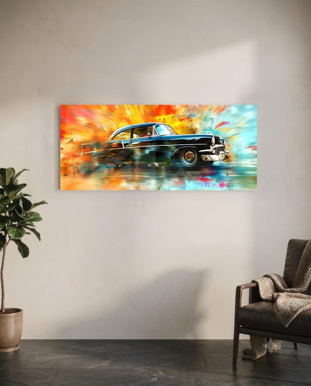 A glossy black 1950s-style classic car speeding through an explosion of vivid painterly colour. panoramic glass wall art C