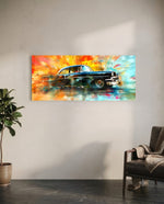 A glossy black 1950s-style classic car speeding through an explosion of vivid painterly colour. panoramic glass wall art C