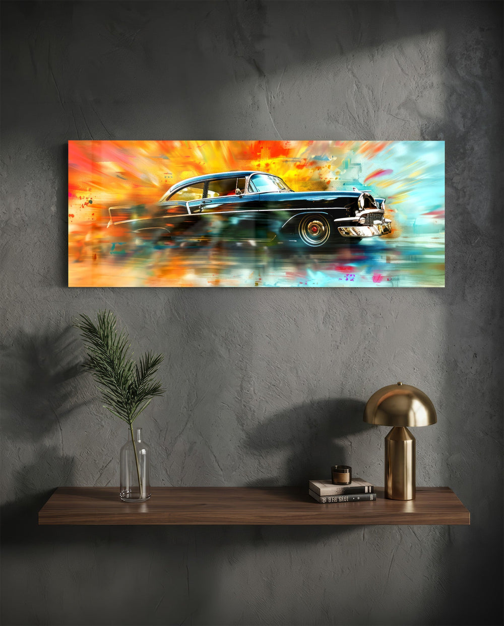 A glossy black 1950s-style classic car speeding through an explosion of vivid painterly colour. panoramic glass wall art D