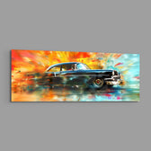 A glossy black 1950s-style classic car speeding through an explosion of vivid painterly colour. panoramic glass wall art E