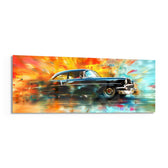 A glossy black 1950s-style classic car speeding through an explosion of vivid painterly colour. panoramic glass wall art F