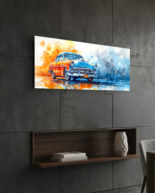 Vintage Car Watercolor Glass Wall Art (36"x14")